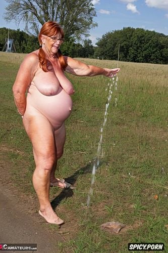 ultra realistic, big belly, tanned red hair pigtails lipedema saggy very muscular thighs pissing pregnant granny gilf chubbymusclelady