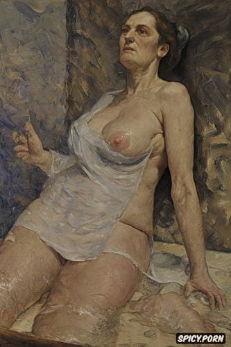 textured impasto oil paint, senile elderly woman, women in humid bathroom with fingertip nipple