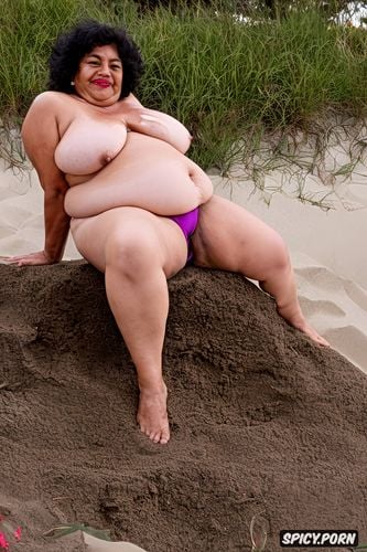 sagging fat belly, spreading legs, front view at beach, small breasts