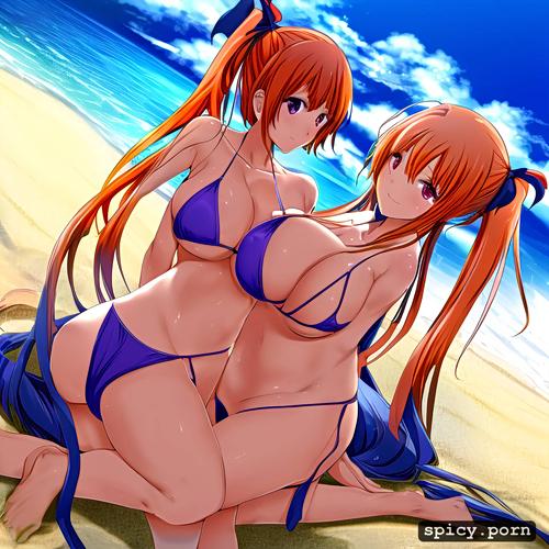 beach, large breasts, legs, long hair, smile, orange bikini