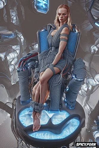 detailed toes, beautiful eyes, precise toes, 18 yo beautiful woman bound with cords to a cyberpunk chair1 9