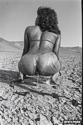 facing camera, daguerreotype photo, oiled ass, dark chocolate syrup smeared on asshole and on ground below her bony ass