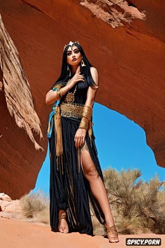 beautiful 20yo arabian woman with gorgeous face, pagan arabian goddess al uzza in traditional arabian clothing walking through canyon in red desert