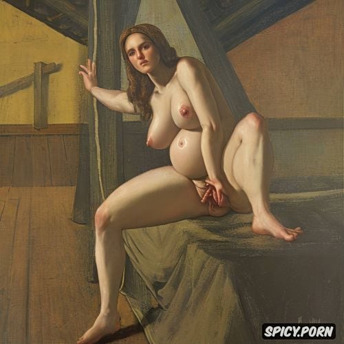 wide open, masturbating, pregnant, virgin mary nude in a barn