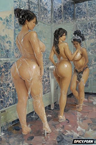 women in humid bathroom with tiled walls, erotic art, dark, fat ass