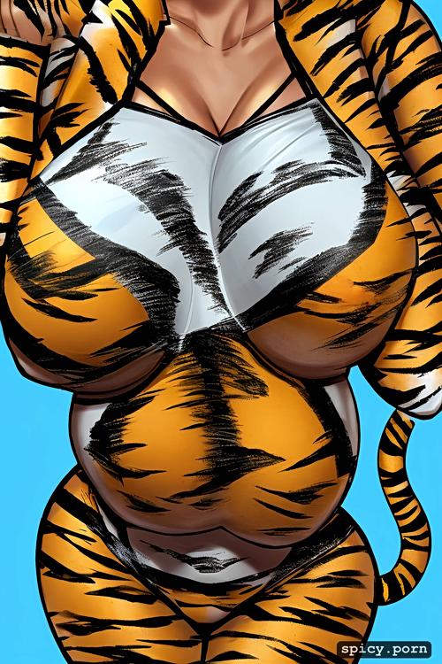 1girl, hourglass body, tiger woman, cat eyes, in office, busty