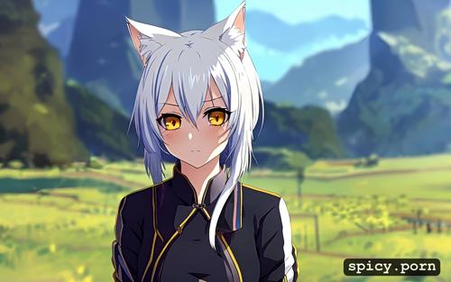 amber eyes, cat ears and tail, short height, 18 yo, short white hair