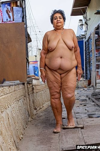 big round butt, loose skin layers fupa, front view, arab city