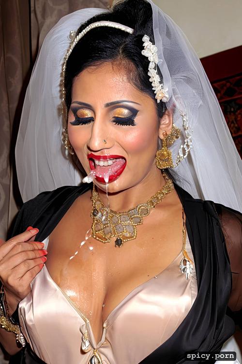 traditional muslim wedding attire, smiling, woman drinking urine