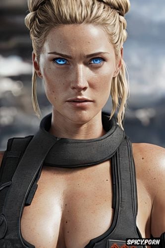 ultra detailed, ultra realistic, anya stroud gears of war tight gray female gear officer uniform lightly tan skin shoulder length dirty blonde hair in a bun blue eyes small perky natural tits beautiful face milf masterpiece