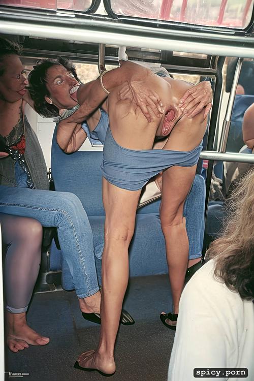 raised swollen clitoris exposed to wiew in the bus, real natural colors ultra detailed expressive faces a lady 60 years old who want dick is surprised with legs open wide provocatively with huge fleshy juicy very open outfit pussy visible deep in