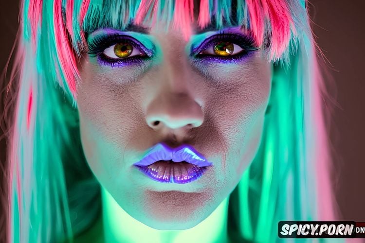 neon rainbow hair, green lips, face shot, looking at camera