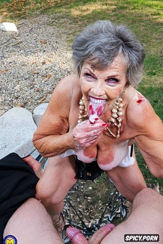 blowjob, old zombie grandmother and old zombie aunt, dripping cum on tits