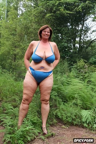 blue bikini, mature woman in bushes, she pee in forrest, shy look in camera