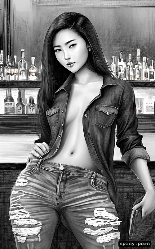 intricate hair, sexy thai teen in bar, shy, opened shirt and jeans