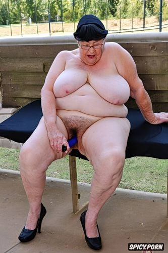 old wrinkled granny nun with detailed awesome very very huge saggy tits with huge nipples ait on bench outside and exposed her hairy pussy masturbate