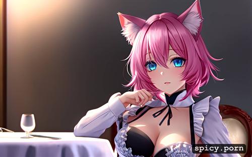 piercing light blue eyes, pink maid outfit, catgirl, in dining room