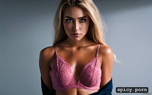 blonde hair, gorgeous face, small pink cotton panties, fit body