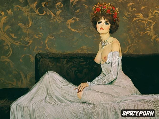 see full body lying on a sofa, detailed body, historically accurate 19th century madeline smith gustav klimt style