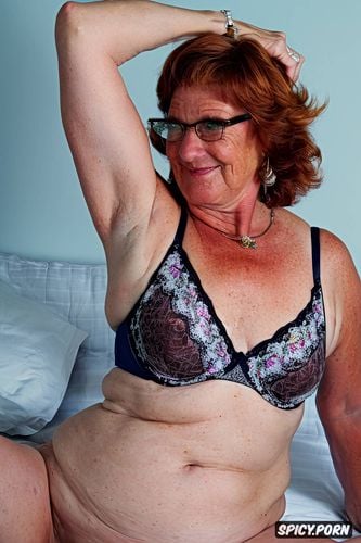 symmetrical body, brown or ginger hair, smooth skin, seventy something of age slim thick