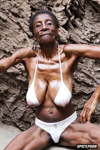 homeless granny, squatting in a desert with legs apart, dark brown areolas