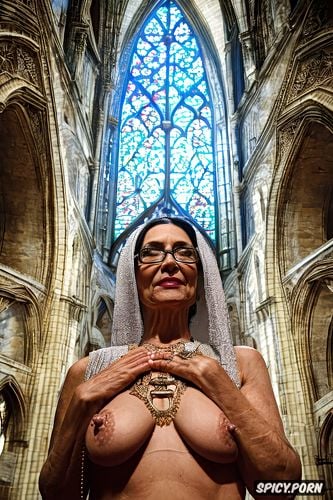 nun, ribs showing, pierced nipples, cathedral, glasses, detailed face