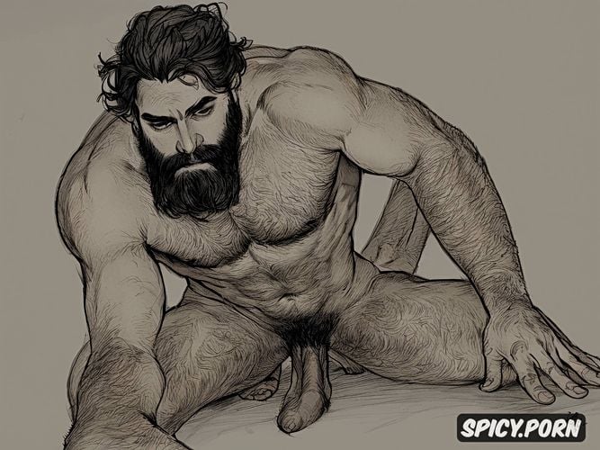 full shot, barefoot, detailed artistic nude sketch of a big dicked bearded hairy man crouching