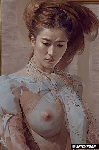 japanese woman nude, rembrandt painting, broad shoulders, strong arms