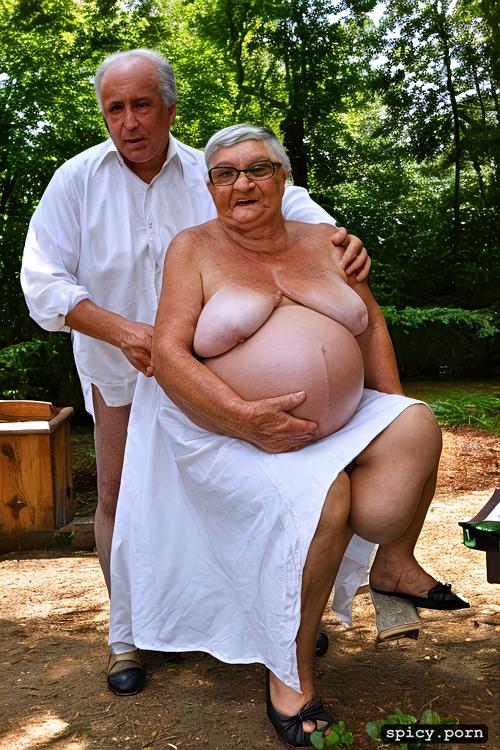 comprehensive cinematic, professionnal colored photography, super obese old granny
