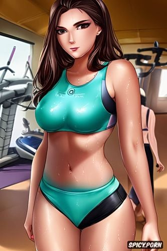 cartoon, gym, beautiful face young full body shot, sport, sweating