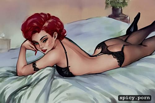 short red hair, freckles, seductive, lying on large bed, high heels