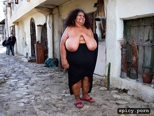 curly hair, wide hips, huge nipples, cellulite, massive belly
