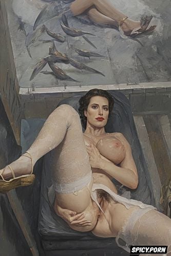 pale, ninety, alessandra daddario, medieval art, indoors, white nylons