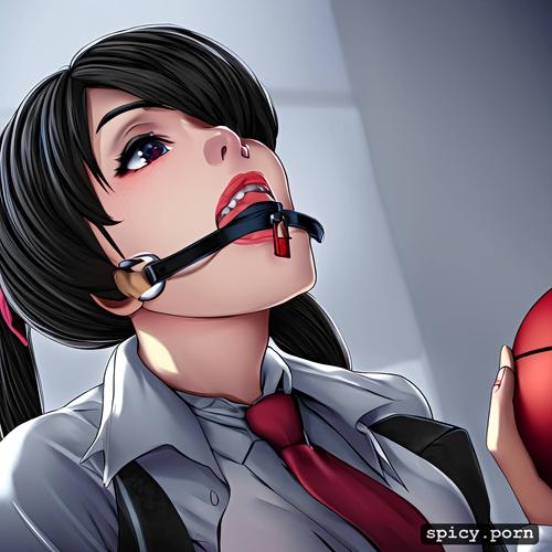 perfect face, close up, ball gag, necktie, white shirt, pigtail hair