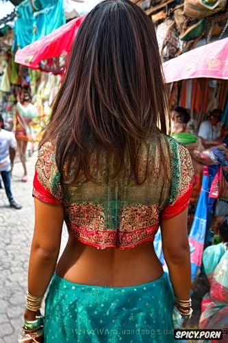 full body view from backside, high angle pov, following a modern indian bhabhi walking in a market