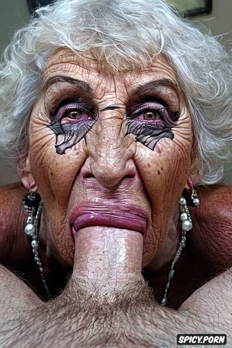 sucking huge penis, gilf, ultra realistic, pov, front view, old woman