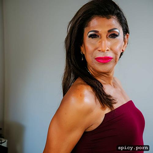55 years old, red lipstick, thin body, exaggerated makeup like a street prostitute