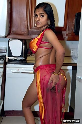 torn open vivid colored saree, in kitchen, indian milf fucking indian teen from behind