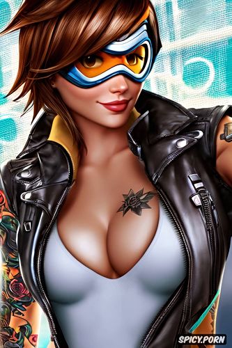 tattoos, topless, tracer overwatch beautiful face full body shot