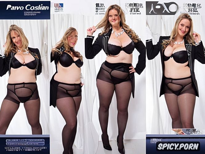 smiling, one caucasian full figured large thighs older obese woman show woman with smooth high cut bare thigh cotton panties with pantyhose and full formal long sleeve tuxedo tailcoat top
