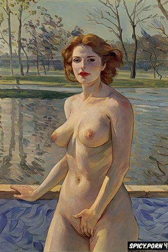 wide hips, post impressionist, intimate tender, portrait of blushing woman with red lips and flushed cheeks in library