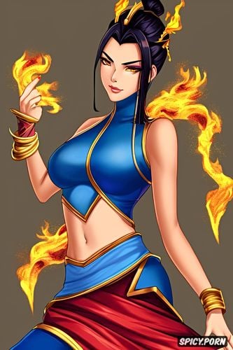 surrounded by blue fire, pouty lips, smirk, head shot, avatar the last airbender