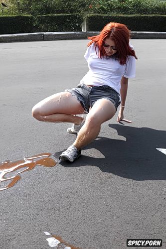 big urine puddle on ground, no pants, wet see through white tee shirt
