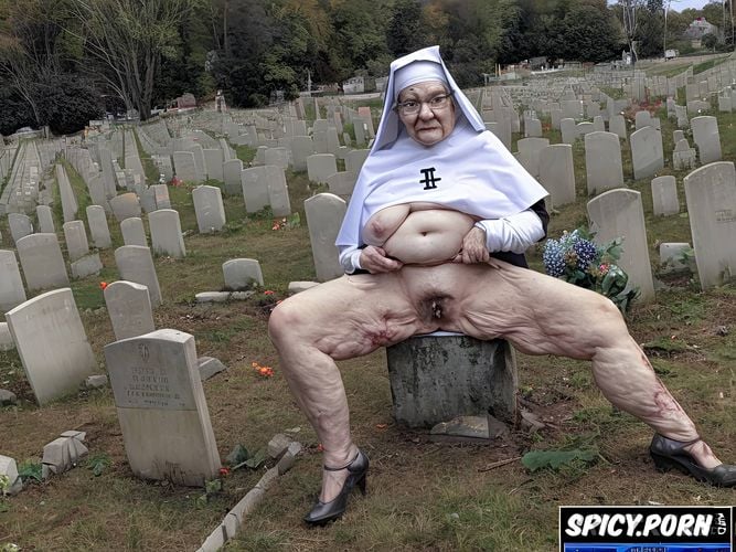 obese nun, grey hair, vaginal gape, cemetery, ninety, point of view