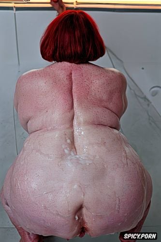 gorgeous face, massive ass, squatting, hyperrealistic pregnant pissing muscular thighs red bobcut haircut tanned