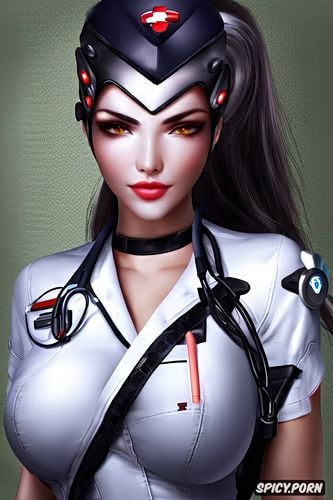 widowmaker overwatch female nurse black nurse scrubs white undershirt scrub top opened beautiful face young