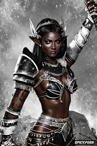 k shot on canon dslr, ultra realistic, barbarian queen ebony skin beautiful face milf tight black leather armor and ripped pants tiara tattoos masterpiece