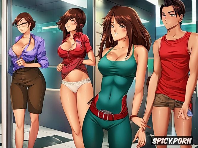 two beautiful brunettes with perfect faces, in an elevator they are hot and sweaty and are removing clothes to stay cool there is a man with no pants and the women are staring at his penis