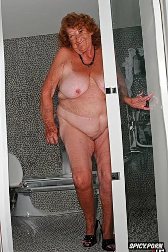 professor, seductive, indoors, big bbw granny, showing off for young stud who is looking the the keyhole of bathroom door