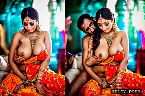 tongue sticking out, completely naked, voluptuous figure, hindu temple